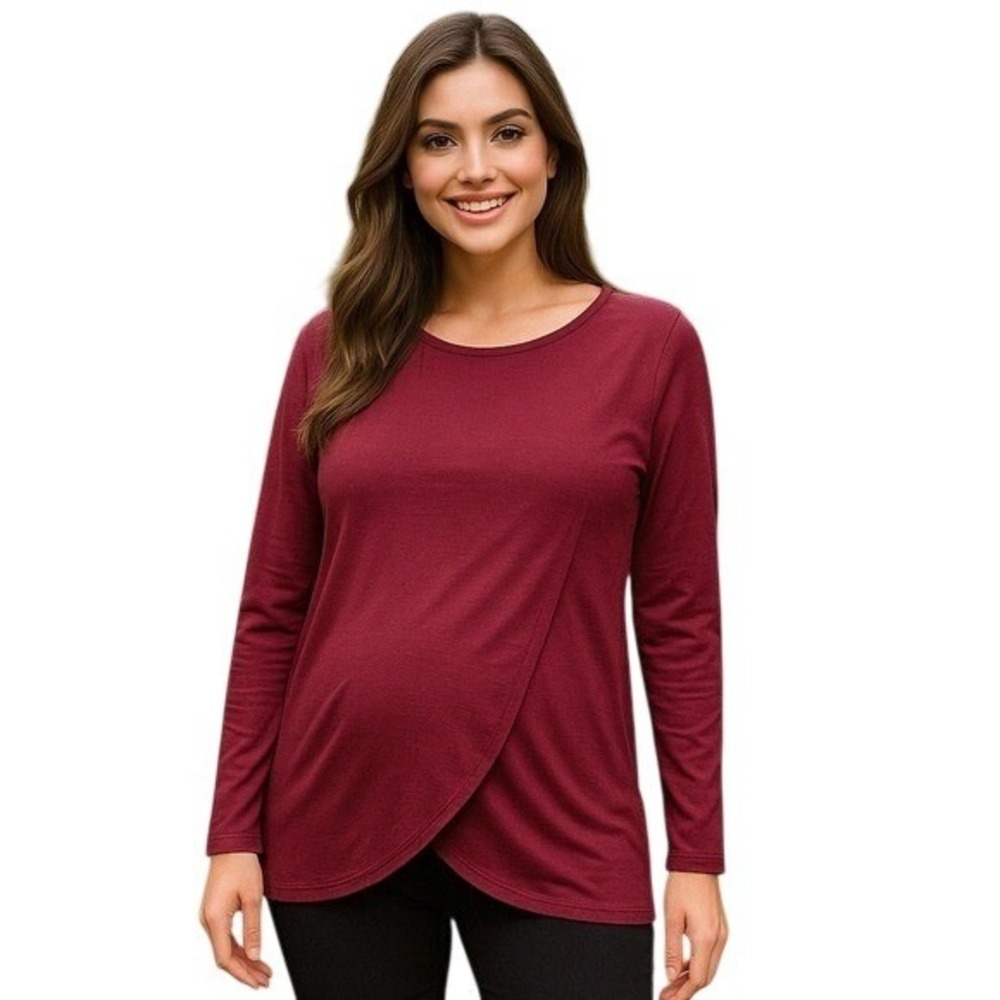 Motherhood Maternity Nursing Top Burgundy Long Sleeve Crossover Tulip Front L
